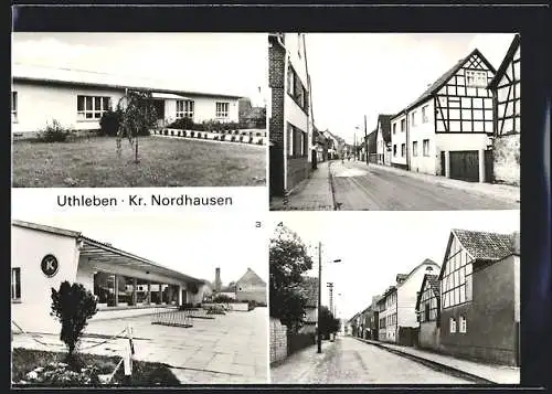 AK Uthleben Kr. Nordhausen, Kindergarten, Häuser an der Hauptstrasse und das Einkaufszentrum