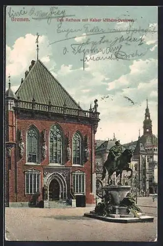 AK Bremen, Rathaus mit dem Kaiser Wilhelm-Denkmal