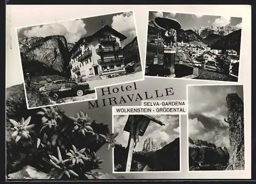 AK Wolkenstein /Grödental, Das Hotel Miravalle, Ortsansicht gegen die Berge, Flurkreuz