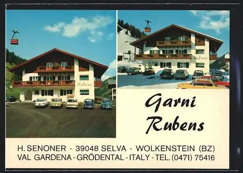 AK Selva-Wolkenstein, Hotel Garni Rubens im Sommer und im Winter