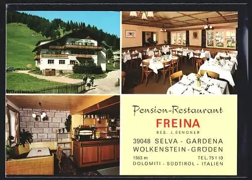 AK Selva - Wolkenstein, Pension-Restaurant Freina in drei Ansichten