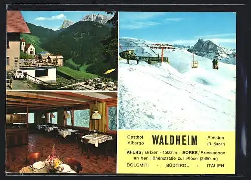 AK Afers /Brixen, Gasthof-Pension Waldheim v. R. Sader mit Terrasse und Speisesaal, Skilift