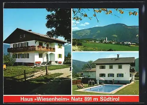 AK Natz bei Brixen, Die Pension Haus Wiesenheim der Eheleute Mitterrutzner, mit Freibad