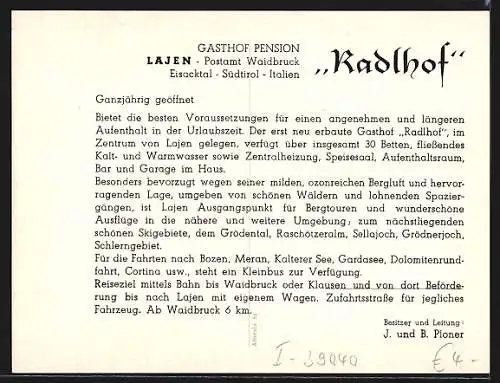 AK Lajen /Waidbruck, Gasthof und Pension Radlhof v. J. & B. Ploner