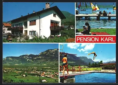 AK Neumarkt /Südtirol, Die Pension Karl in der Neulandstr. 9, Freibad