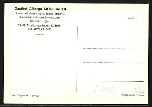 AK Moritzing, Gasthof Albergo Moosbauer mit Schwimmbad