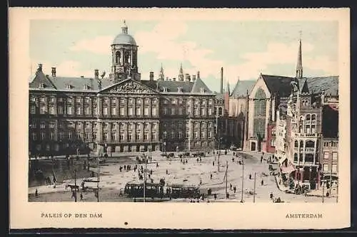 AK Amsterdam, Paleis op den Dam, Strassenbahn