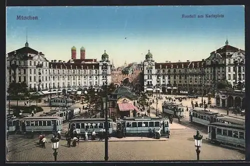 AK München, Rondell mit Strassenbahnen am Karlsplatz