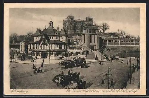 AK Hamburg, St. Pauli-Fährhaus mit Bahnhof & Hochbahn, Strassenbahn