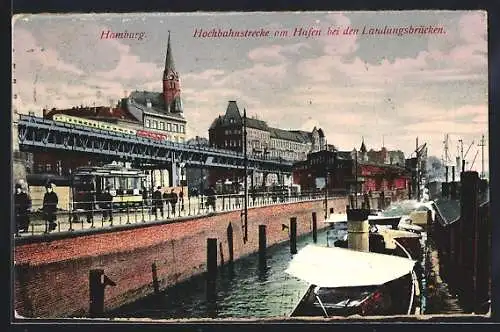 AK Hamburg, Hochbahnstrecke am Hafen bei den Landungsbrücken mit Strassenbahn