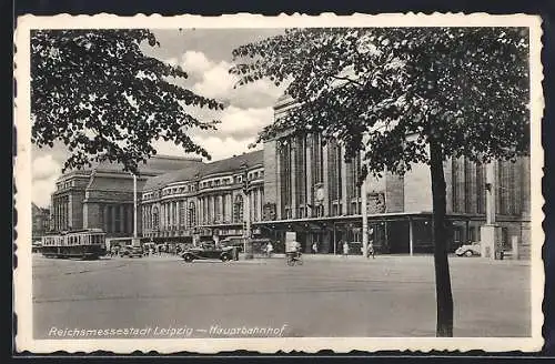 AK Leipzig, Hauptbahnhof Aussenansicht, Strassenbahn