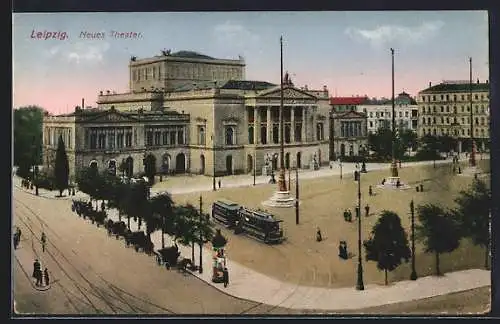 AK Leipzig, Blick auf das neue Theater mit Strassenbahn