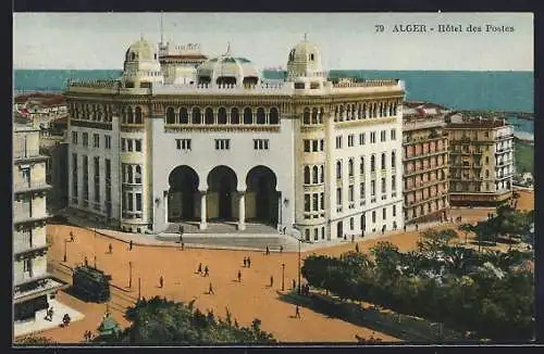 AK Alger, Hotel des Postes, Strassenbahn