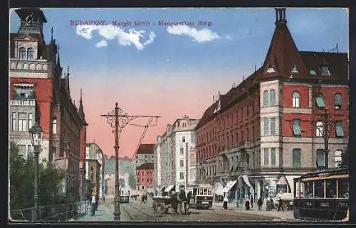 AK Budapest, Strassenpartie am Margarethenring, Strassenbahn