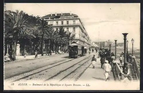 AK Alger, Boulevard de la Republique et Square Bresson, Strassenbahn