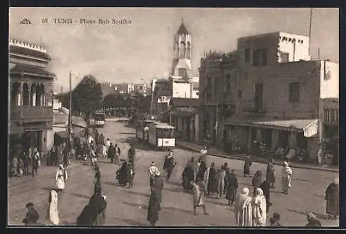 AK Tunis, Place Bab Souika, Strassenbahn