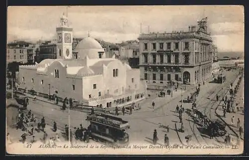 AK Alger, La Mosquee Djemda-Djedid, Strassenbahn