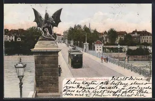 AK Basel, Wettsteinbrücke, Strassenbahn