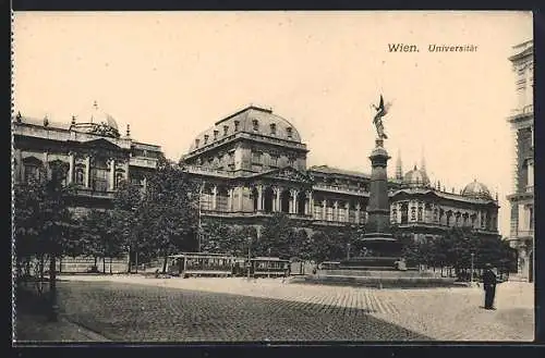 AK Wien, Universität mit Denkmal und Strassenbahn