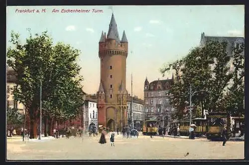 AK Frankfurt a. M., Strassenbahnen am Eschenheimer Turm