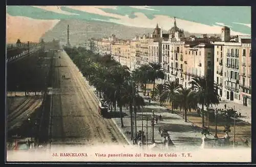 AK Barcelona, Vista panoramica del Paseo de Colón, Strassenbahn