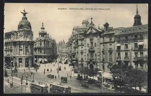 AK Madrid, Avenida del Conde de Penalver, Strassenbahn