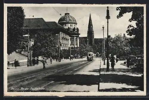 AK Posen, An der Paulikirche, Strassenbahn