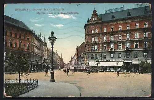 AK Budapest, Baross Platz und Ràkòczistrasse mit Strassenbahn