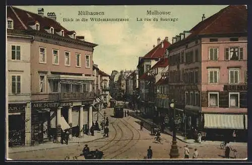 AK Mühlhausen, Blick in die Wildemannstrasse, Geschäfte, Strassenbahn