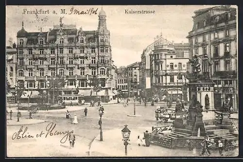 AK Frankfurt a. M., Kaiserstrasse, Kreuzung mit Strassenbahn u. Denkmal