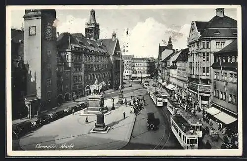 AK Chemnitz, Marktplatz, Strassenbahnen der Linien 1, 2, 3 vor dem Zentrum-Lichtspiele