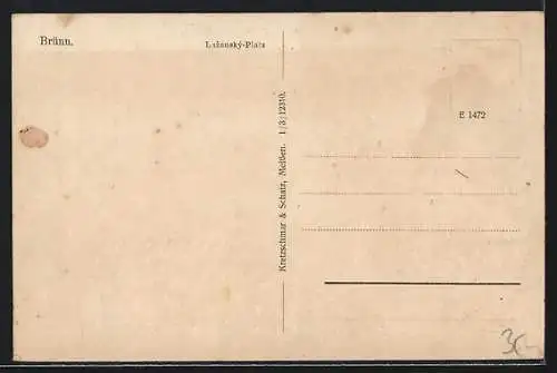 AK Brünn, Lazanský-Platz mit Strassenbahn aus der Vogelschau