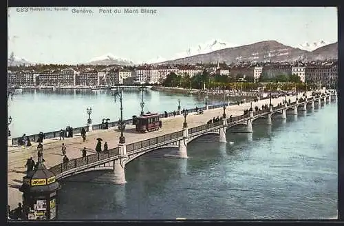 AK Genève, Pont du Mont Blac, Strassenbahn