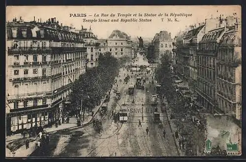 AK Paris, La Rue du Temple et la Statue de la Republique, Strassenbahn