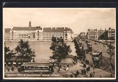 AK London, County Hall & Westminster Bridge, Brückenpartie mit Strassenbahn