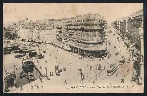 AK Marseille, La Rue de la République, Strassenbahn