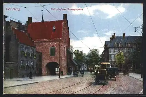 AK Den Haag, Buitenhof met Gevangenpoort, Strassenbahn