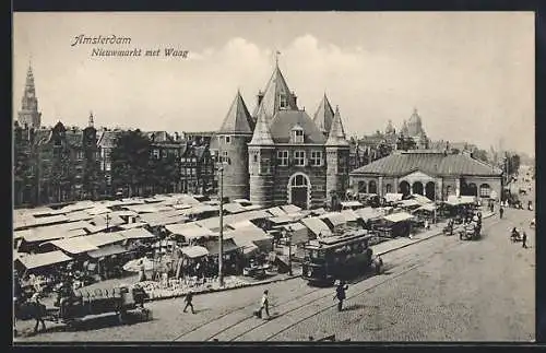 AK Amsterdam, Nieuwmarkt met Waag, Strassenbahn