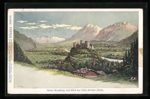 Künstler-AK Philipp + Kramer Nr. XXVIII /2: Reith im Alpbachtal, Ruine Kropfberg und Blick ins Unter-Innthal