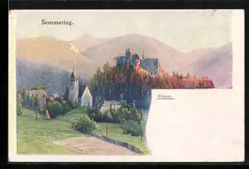Künstler-AK Philipp + Kramer Nr. XXXIX /4: Semmering, Burgruine Klamm mit Kirche
