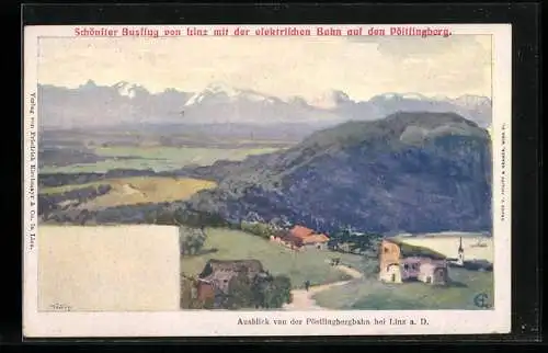 Künstler-AK Philipp + Kramer: Linz a. D., Ausblick von der Pöstlingbergbahn
