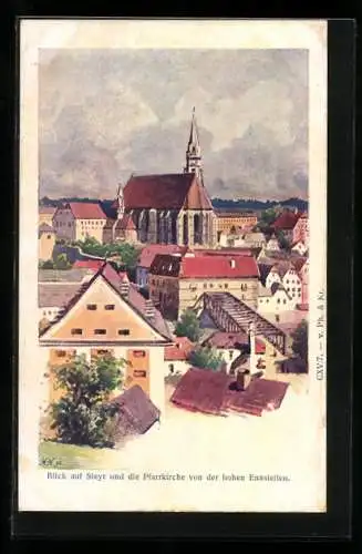 Künstler-AK Steyr, Blick von der hohen Ennsleiten zur Pfarrkirche