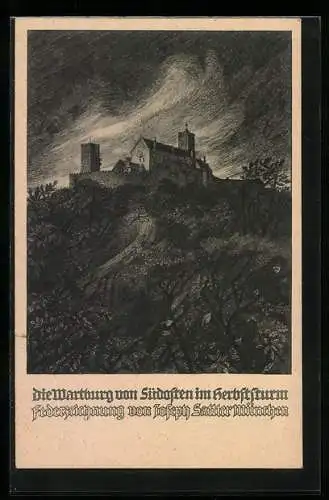 Künstler-AK Wartburg, die Wartburg von Südosten im Herbststurm, Federzeichnung von Joseph Samer, München