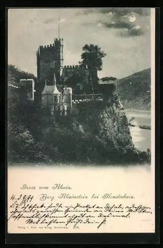 AK Burg Rheinstein, Burg im Mondschein