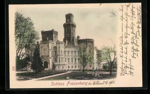 AK Schloss Frauenberg, davor Parkanlage mit Brunnen