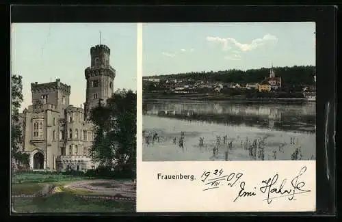 AK Schloss Frauenberg, Ansicht mit Gärten und Blick aufs Wasser