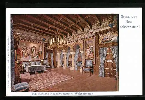 AK Schloss Neuschwanstein, Innenansicht des Wohnzimmers