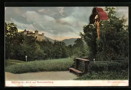 AK Salzburg, Hohensalzburg, im Vordergrund ein Wegkreuz