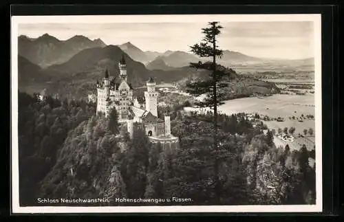 AK Schloss Neuschwanstein, Hohenschwangau u. Füssen, Blick auf die Berge