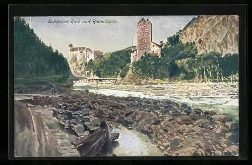 AK Schlösser Ried und Runkelstein, im Vordergrund ein Flusslauf, dahinter Berge
